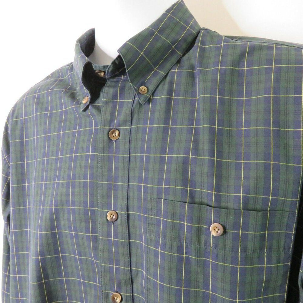 Savane Plaid Shirt Green Blue LS Mens M Cotton Blend Deep Dye Button Down